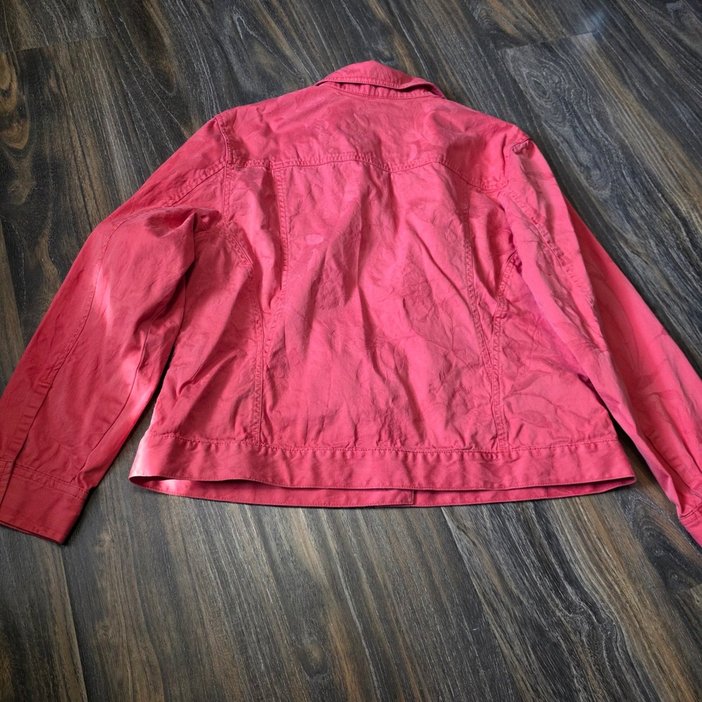 J. Jill Coral Pink Jacquard Leaf Cotton Trucker Jacket Womens Large L Button Up - Picture 8 of 10
